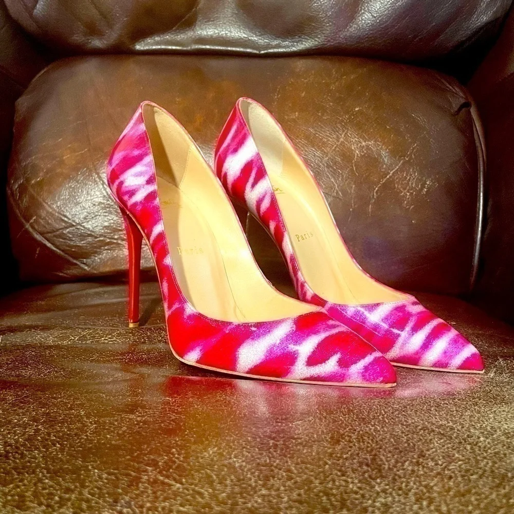 CHRISTIAN Louboutin EU38.5 patent leather, Christmas Candy cane like print 100mm